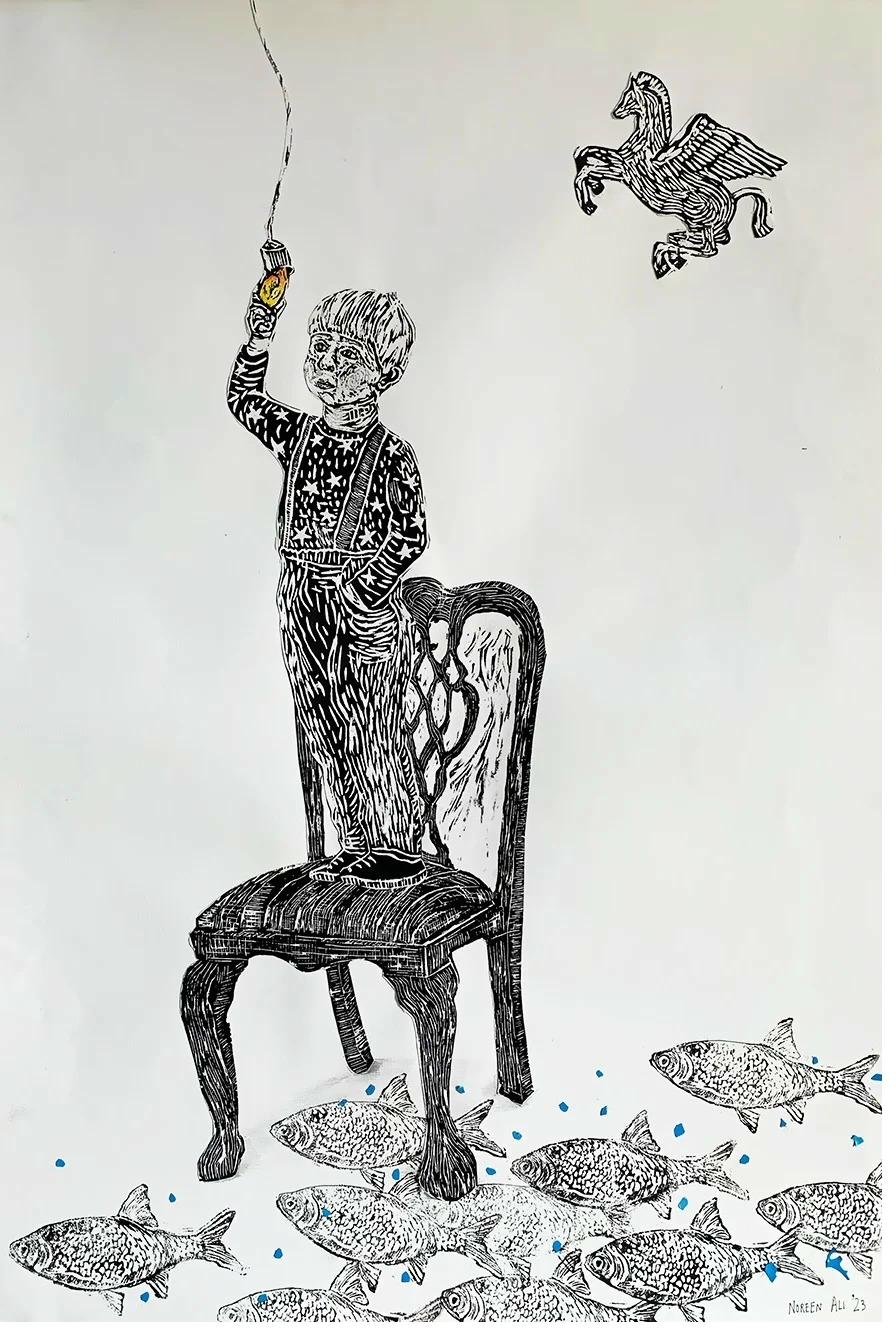 Noreen Ali — The Dream Conductor — Woodcut and Mixed Media Ecological Art