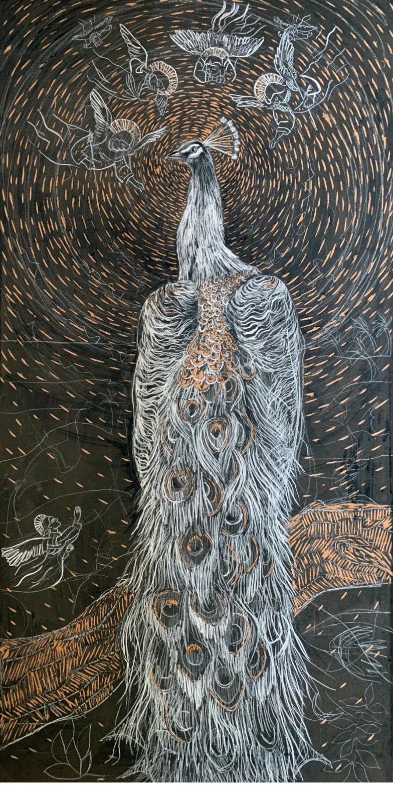Noreen Ali — The Peacock's Congregation — Mythic Chalk Art on Painted Board